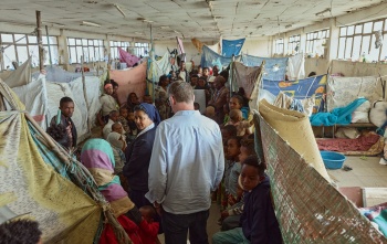 Image of Magnus with Sister Medhin visiting people affected by the recent conflict in Tigray.