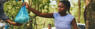 One volunteer passes a package of food to another.