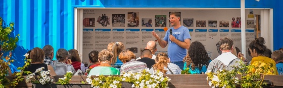 Mary's Meals founder, Magnus MacFarlane-Barrow speaking to supporters at the Mary's Meals information centre in Medjugorje 