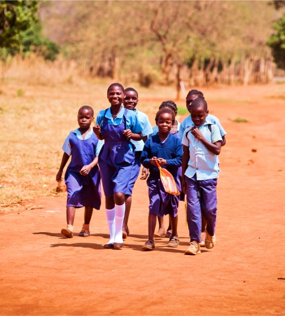 Children walk to school together.